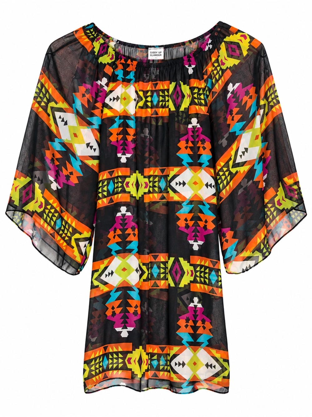 Giddy Up Glamour Womens Large Sheer Geometric Tunic Top 3/4 Sleeve Boho